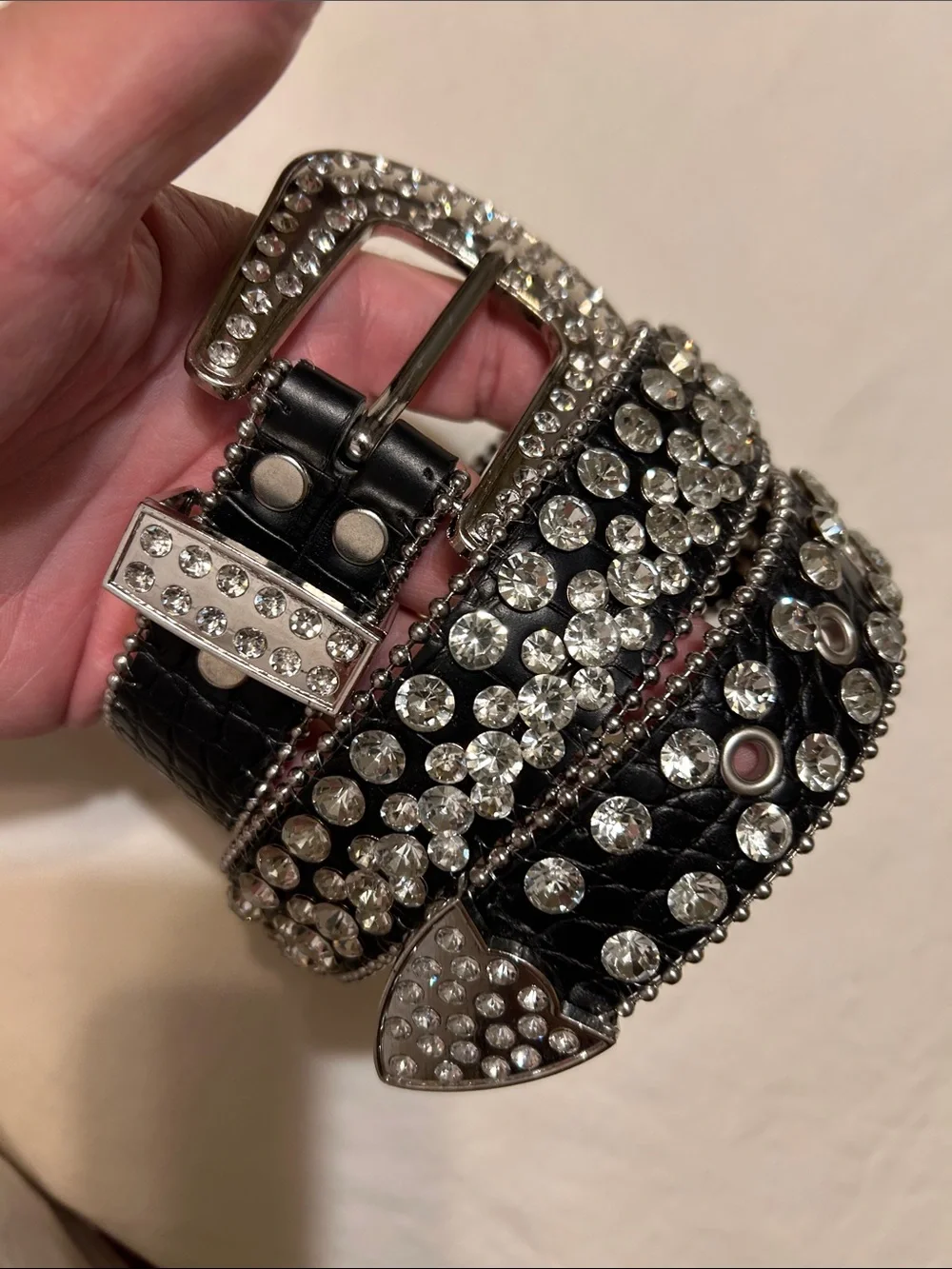 Women's Black Crystal-Studded Leather Belt - Sparkling Accent